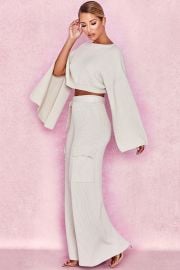 Mckenzie Oatmeal Ribbed Knit Wide Leg Utility Trousers  at House of CB