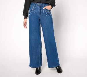 Me by Jennie Garth Indigo Pet Wide Leg Jean with Pearl Detail - QVCcom at QVC