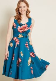 Measured Magnificence Fit and Flare Dress in Teal Floral at ModCloth