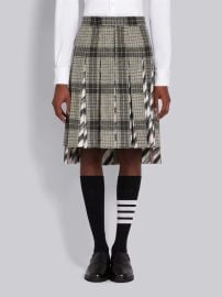 Medium Grey Grid Windowpane Check British Wool Combo Insert Classic Rise Backstrap Pleated Skirt at Thom Brown