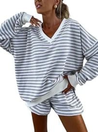 Melliflo Women 2 Piece Outfits Lounge Sets Striped Print Long Sleeve V Neck Sweatshirt and Shorts Set Sweatsuit at Amazon