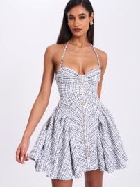 Melody Black and White Plaid Tweed Halter Drop Waist Mini Dress at Miss Circle