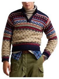 Men\'s Nordic-Inspired Polo Sweater - Tan Combo - at Saks Fifth Avenue