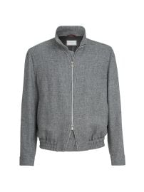 Men\'s Silk Linen and Wool Hopsack Outerwear Jacket with Stand Collar - Medium Grey - at Saks Fifth Avenue