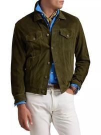 Men\'s Suede Trucker Jacket - Company Olive - at Saks Fifth Avenue