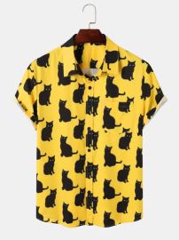 Men Allover Cat Button Through Shirt  SHEIN USA at Shein