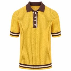 Men’s Yellow 70s Sunny Summer Openwork Resort Polo Knit Shirt at Ox Knit