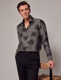 Men39s Grey Jacquard Leaves Slim Shirt at Hawes & Curtis