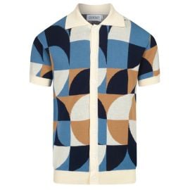Men39s Retro Knit Shirt Vintage Blue Geometric Button-Up Polo OXKnit at Ox Knit