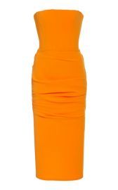 Mena Strapless Gathered Crepe Midi Dress In Orange by Alex Perry at Moda Operandi