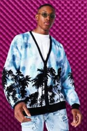 Mens Oversized Palm Print Knitted Cardigan at Boohoo