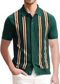 Mens Short Sleeve Polo Shirts Striped Knit Cuba Guayabera Shirts Casual Button Up Regular Fit Vintage Tops T Shirts at Mens Clothing store at Amazon
