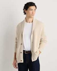 Menx27s 100 Organic Cotton Ribbed Shawl-Collar Cardigan Sweater in Speckled Beige at Quince