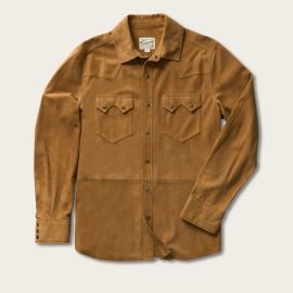 Menx27s Goat Suede Sawtooth Overshirt - Tan Suede - 29900 Tecovas Trading Post at Tecovas