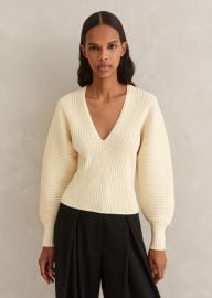 Merino Rib V-Neck Crop Evening Sweater MEEM Cream at Me and Em