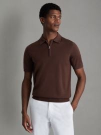 Merino Wool Half-Zip Polo Shirt in Treacle Brown REISS USA at Reiss