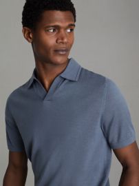 Merino Wool Open Collar Polo Shirt in Airforce Blue REISS USA at Reiss