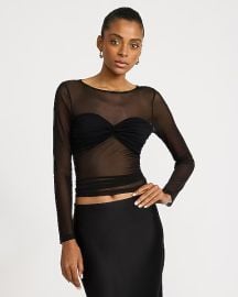 Mesh Crew Neck Layered Bandeau Long Sleeve Top at Express