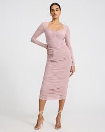 Mesh Sweetheart Neckline Ruched Long Sleeve Midi Dress at Express