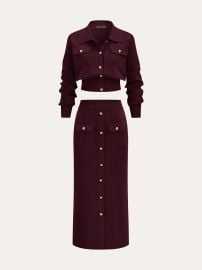 Metal Button Collared Cardigan and Midi Skirt Set at Commense