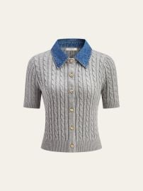 Metal Button Denim Collar Cable-Knit Top COMMENSE at Commense