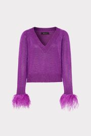 Metallic Feather Cuff V-Neck Sweater in Purple MILLY at Milly