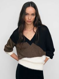 Metallic-Knit Panelled V-Neck Jumper in Black/White/Metallic at Reiss