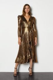 Metallic Puff Sleeve Wrap Midi Dress at Karen Millen