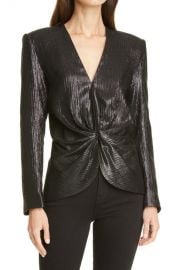 Metallic Ruched Long Sleeve Silk Blouse at Nordstrom