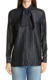 Metallic Stripe Tie Neck Silk Blend Blouse at Nordstrom