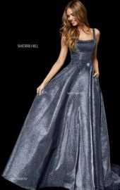 Metallic glitter A-line gown with pockets at Sherri Hill