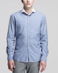 Michael Bastian Contrast-Collar Striped Shirt Blue at Neiman Marcus