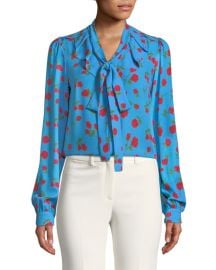 Michael Kors Button-Down Tie-Neck Scattered Rose-Print Silk Georgette Blouse - at Bergdorf Goodman