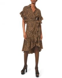 Michael Kors Collection Belted Leopard-Print Ruffle-Wrap Dress at Neiman Marcus