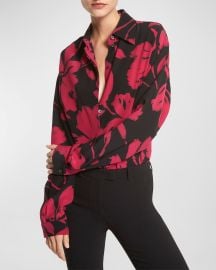 Michael Kors Collection Brushstroke Floral-Print Silk Collared Shirt at Neiman Marcus