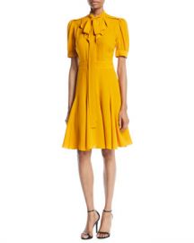 Michael Kors Collection Tie-Neck Short-Sleeve Fit-and-Flare Silk Dress at Neiman Marcus