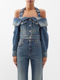 Mid blue Off-the-shoulder cropped denim jacket Alexander McQueen FASHION US at Matches