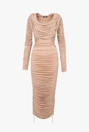 Mid-length beige jersey hooded dress at Balmain