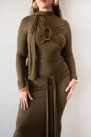 Mila Long Sleeve Top with Neck Ties and Central Draping in Olive Green RI MI at Ri Mi