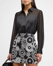 Milly Andy Sheer-Panel Button-Down Satin Blouse at Neiman Marcus