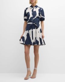 Milly Grand Foliage Godet Poplin Mini Shirtdress at Neiman Marcus