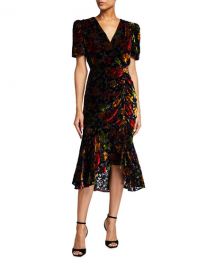 Milly Gynn Ruched Velvet Floral Burnout Midi Dress at Neiman Marcus