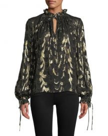 Milly Jenny Long-Sleeve Metallic Silk Chiffon Top at Neiman Marcus