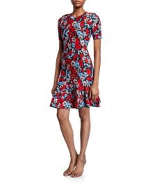 Milly Poppy Jacquard Short-Sleeve Fit- amp -Flare Dress at Neiman Marcus