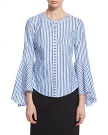 Milly Ruthie Bell-Sleeve Striped Stretch-Poplin Blouse at Neiman Marcus