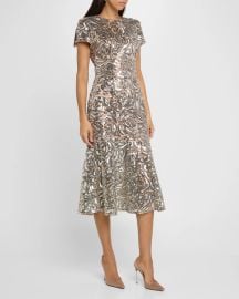 Milly Tahlia Sequin Rose Flounce Midi Dress at Neiman Marcus