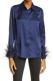 Milly Veronique Feather Cuff Stretch Satin Blouse at Nordstrom