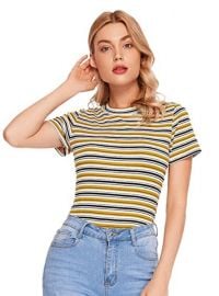 Milumia  Casual Multi Striped Ribbed Short Sleeve Solid Tee Knit Top at Amazon