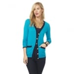 Mindy's blue contrast trim cardigan at Cwonder