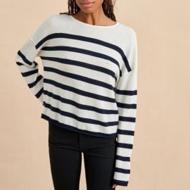 Mini Featherweight Roll Neck Sweater in Cream Navy at La Ligne